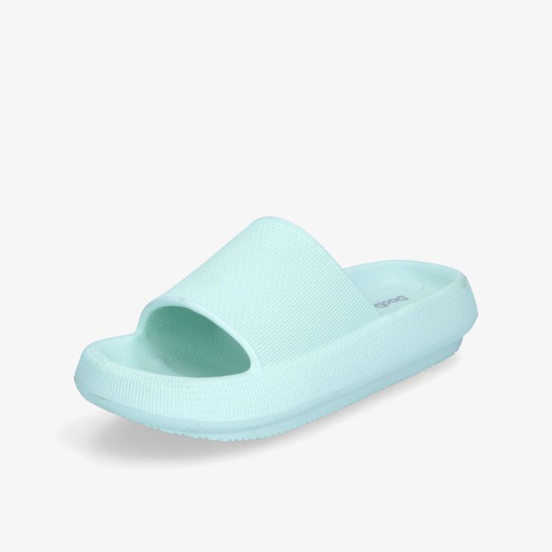Leichter und bequemer Schuh mit offener Vorderseite und rutschfester, flexibler Sohle in hellblauer Farbe