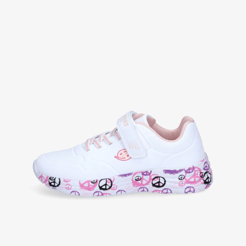 Weiße Sneaker mit rosa Akzenten und Muster, bequemer Klettverschluss, ideal für täglichen Komfort.