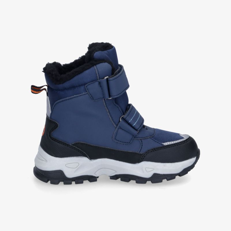 Wasserdichter blauer Winterstiefel mit Klettverschluss und rutschfester Sohle für optimalen Tragekomfort.