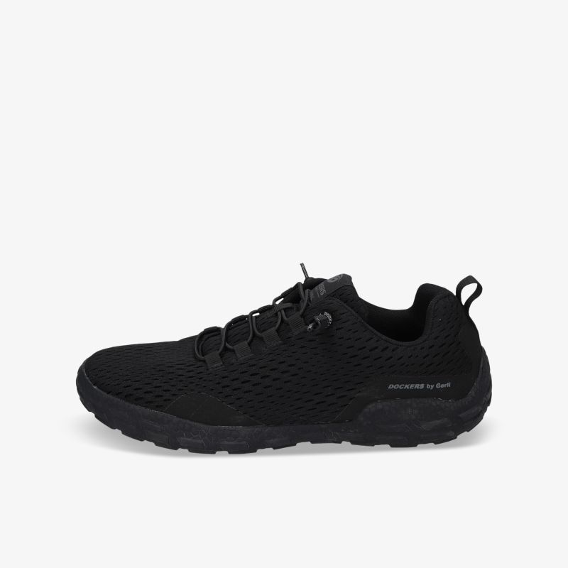 Schwarzer leichter Sneaker mit atmungsaktivem Material, komfortabler Passform und flexibler rutschfester Sohle seitlich dargestellt