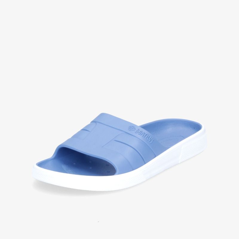 Blaue Badesandale mit weißer Sohle, ideal für Komfort und Stil.