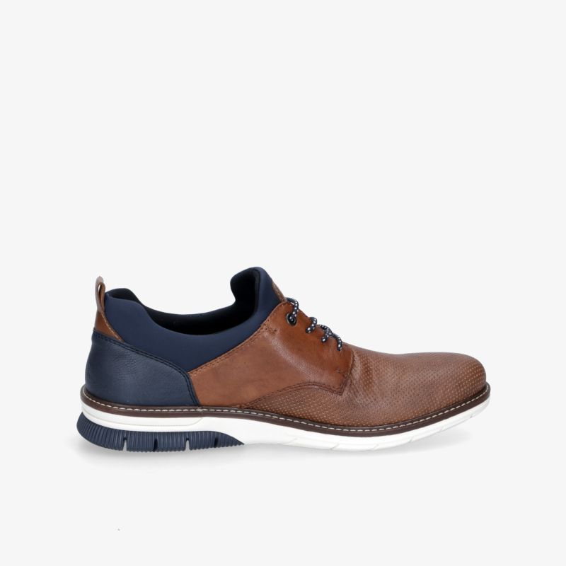 Stylish brown leather shoe with blue accents and comfortable sole in side view. Perfect for casual wear.