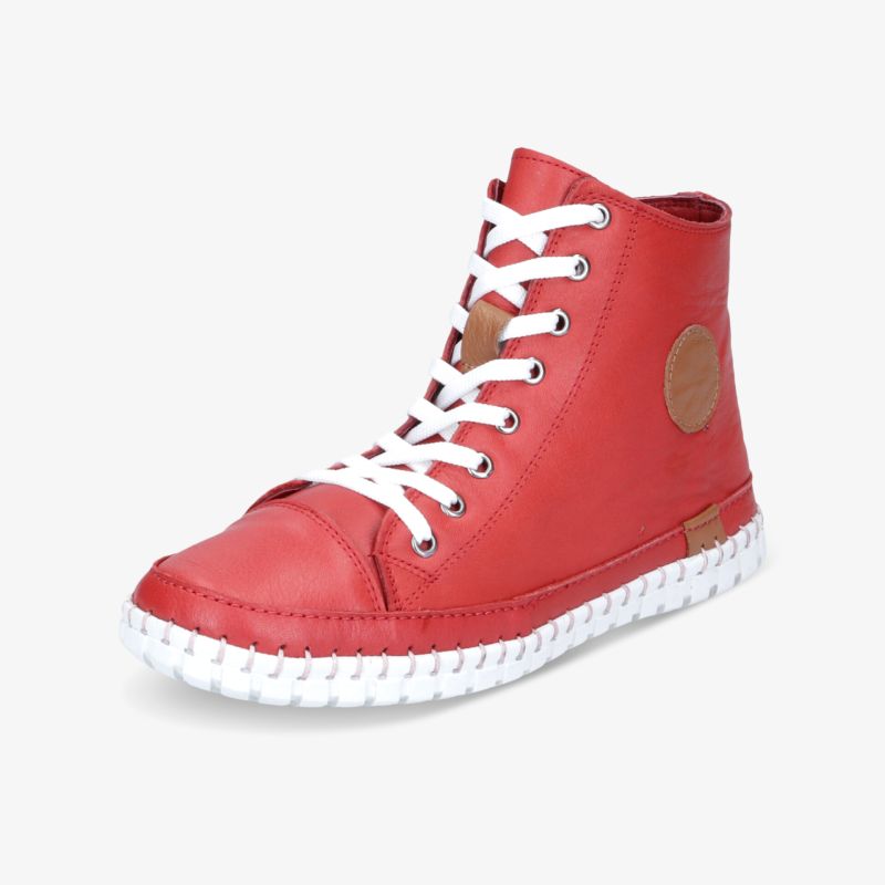 Roter Sneaker mit hohem Schaft und weißen Schnürsenkeln, sportlich und bequem mit robuster Gummisohle