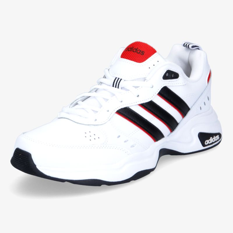 Stilvoller adidas Sneaker in Weiß mit schwarzen Streifen und roten Akzenten, sportlich und bequem im Design.
