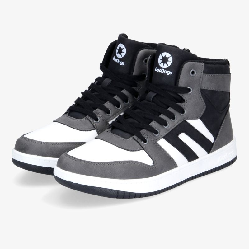 Modische, graue High-Top-Sneaker mit schwarz-weißen Details. Bequem und vielseitig einsetzbar für Alltag und Freizeit.