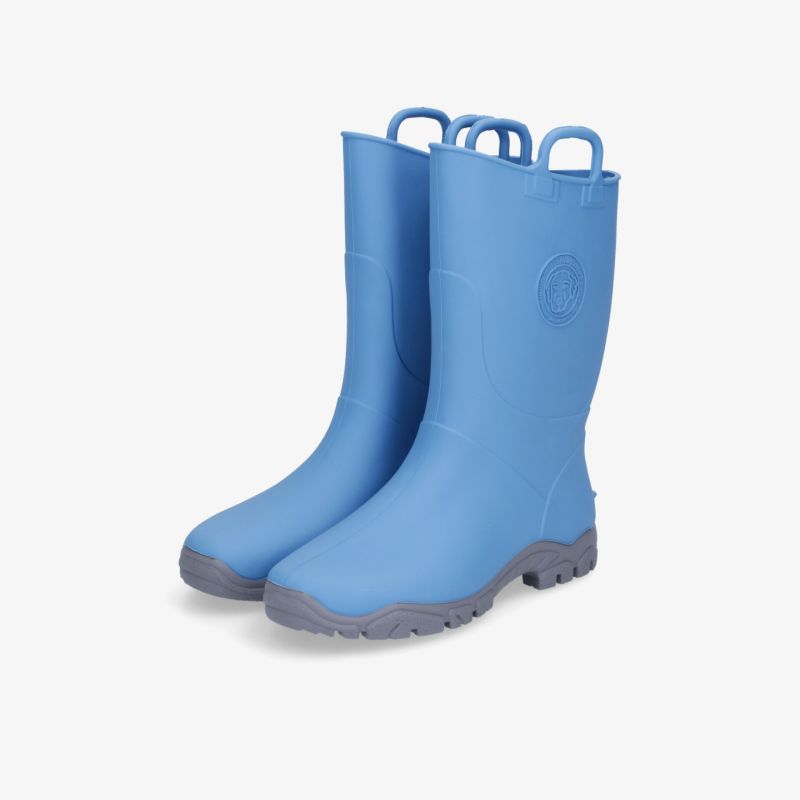 Robuste, wasserdichte blaue Gummistiefel mit rutschfester Sohle und praktischen Zuglaschen für optimalen Komfort.