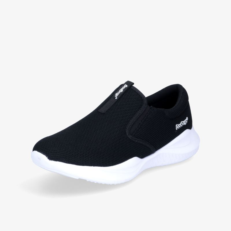 Stylischer, schwarzer Slip-On-Schuh mit komfortabler, weißer Sohle und sportlichem Design.