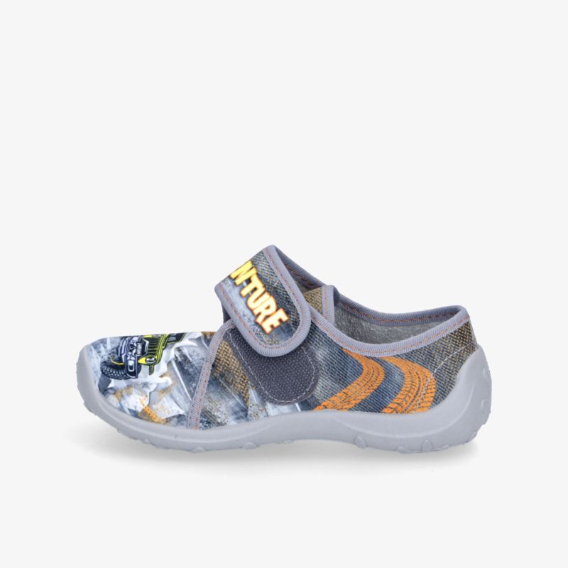 Leichter sportlicher Schuh in blau und grau mit gelben Akzenten, bequemer Klettverschluss und flexibler Sohle