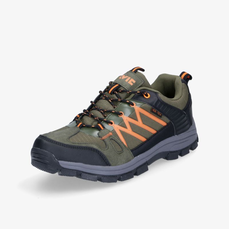 Robuster Wanderschuh in Olive mit orangen Akzenten, ideal für Outdoor-Aktivitäten und Trekking-Touren.