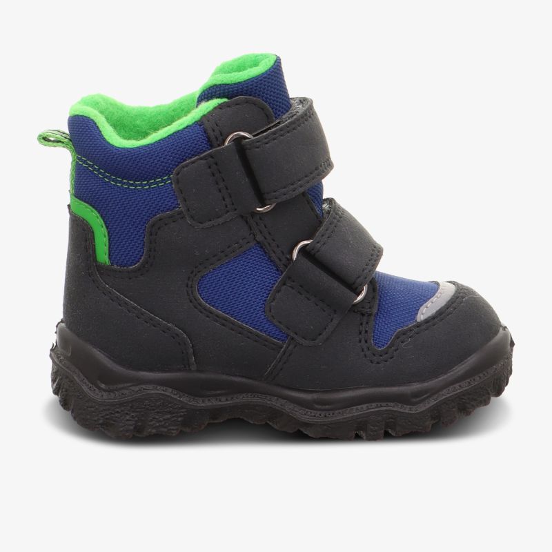 Bequemer Kinderstiefel in Blau und Grün mit Klettverschluss und robuster, rutschfester Sohle.