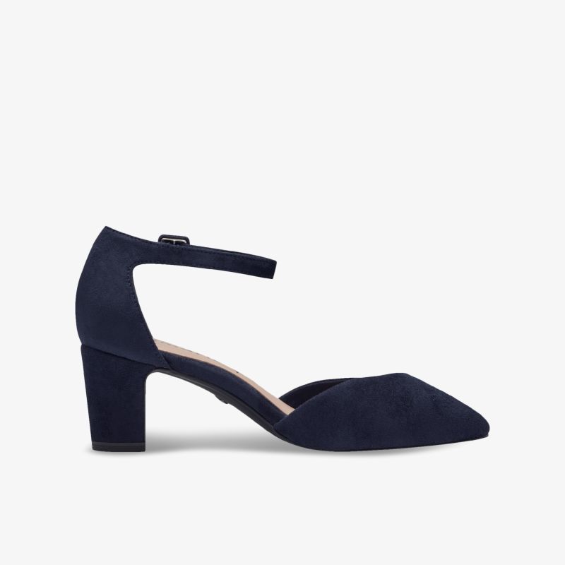 Eleganter blauer Veloursleder-Schuh mit spitzer Kappe und Blockabsatz, ideal für jeden Anlass.