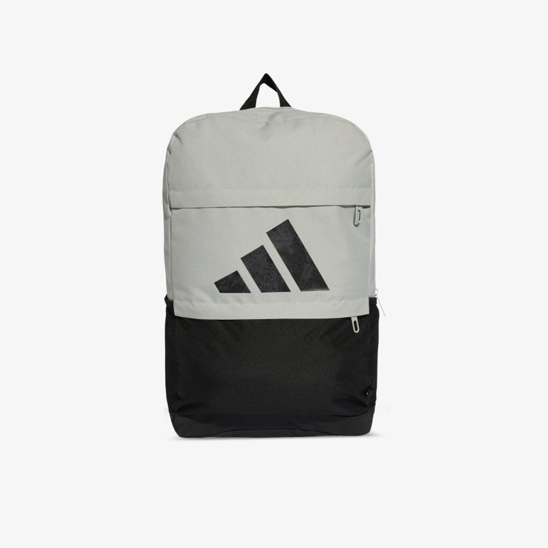 Modernen grauen und schwarzen Rucksack mit großem Hauptfach und praktischem Reißverschluss vorne