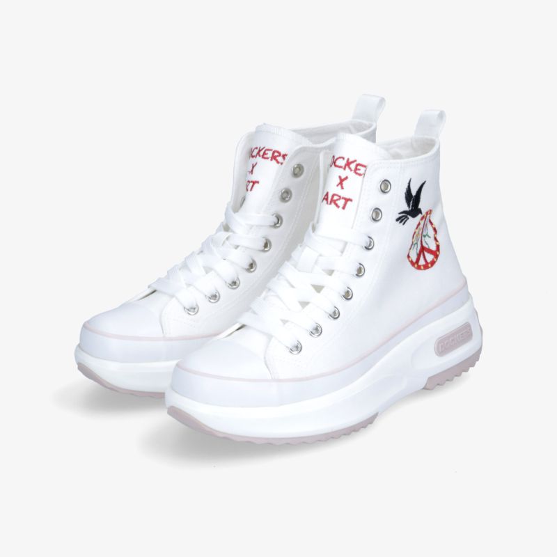 Weiße hohe Sneaker mit modernen roten Akzenten und einzigartigem Design für ultimativen Stil und Komfort.