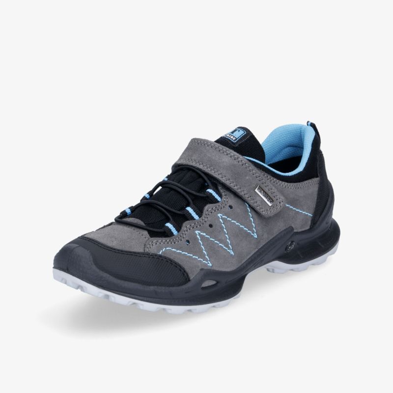 Vielseitiger grauer Outdoorschuh mit blauem Akzent, robustem Design und rutschfester Sohle.