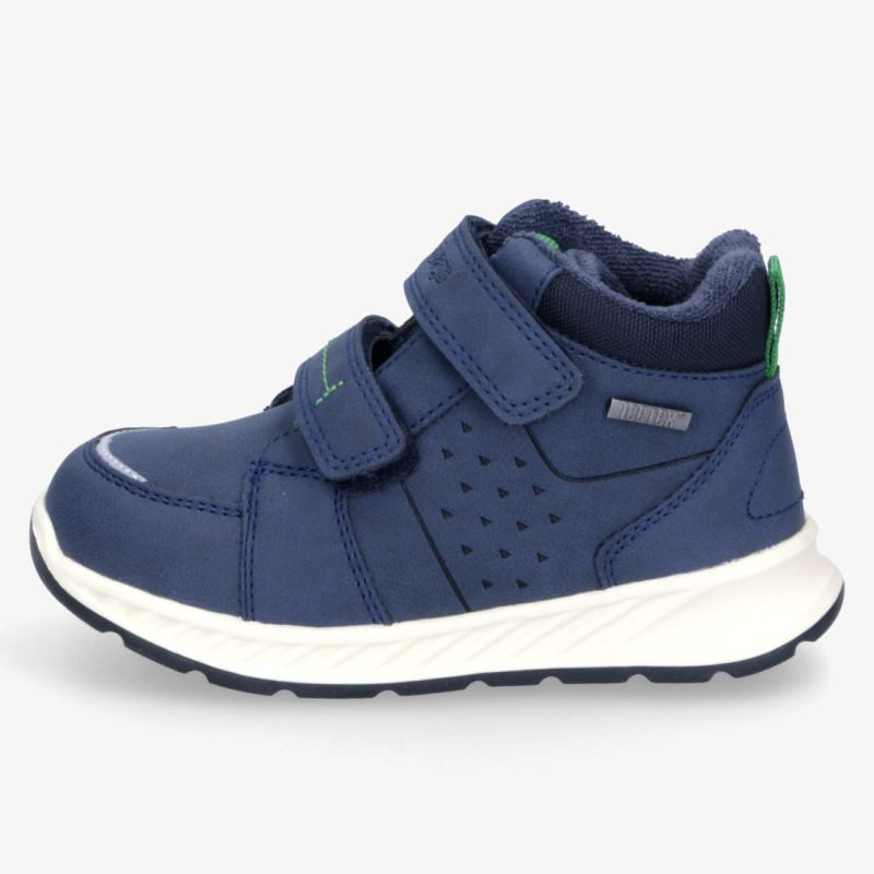 Blauer robuster Wanderschuh mit gepolstertem Knöchel, Klettverschluss und rutschfester Profilsohle, seitliche Ansicht