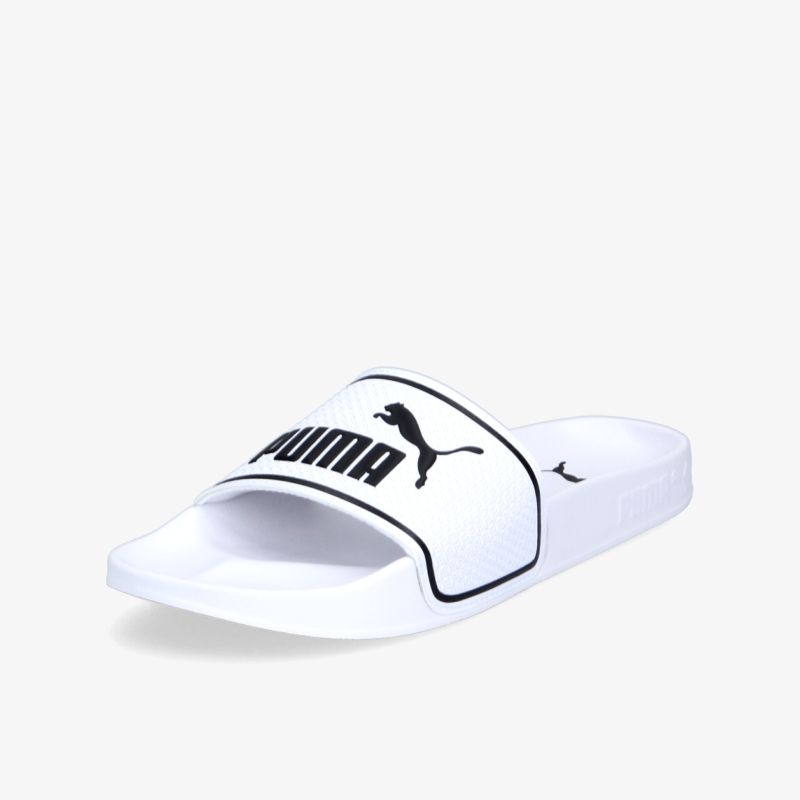 Weiße Sandale mit schwarzem Logo und ergonomischer Passform, ideal für Freizeit und Komfort.