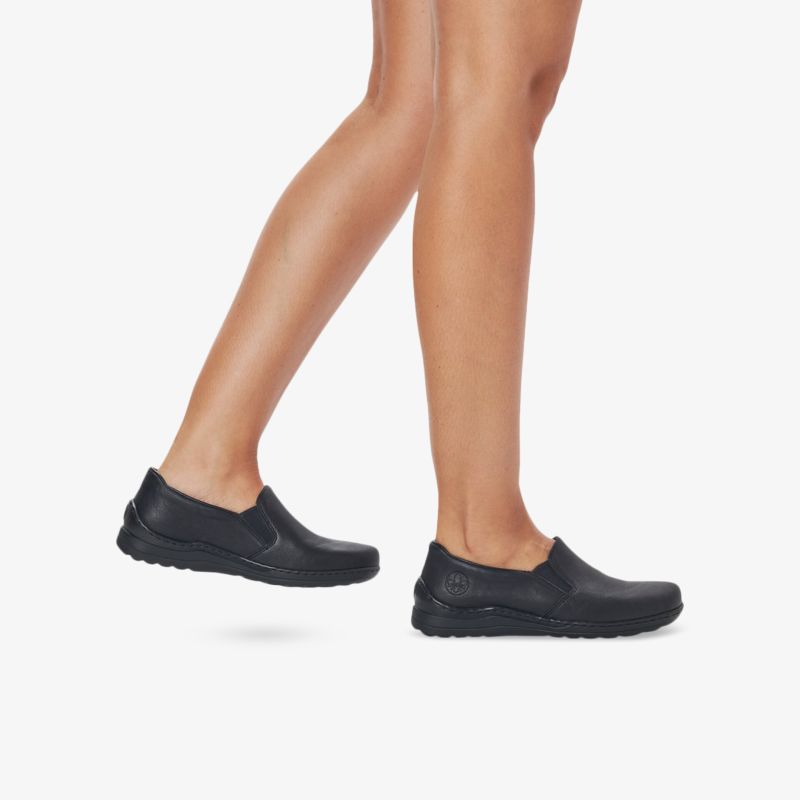 Elegante, komfortable schwarze Slip-On-Schuhe, ideal für täglichen Gebrauch, mit flexiblem Laufsohlenprofil.