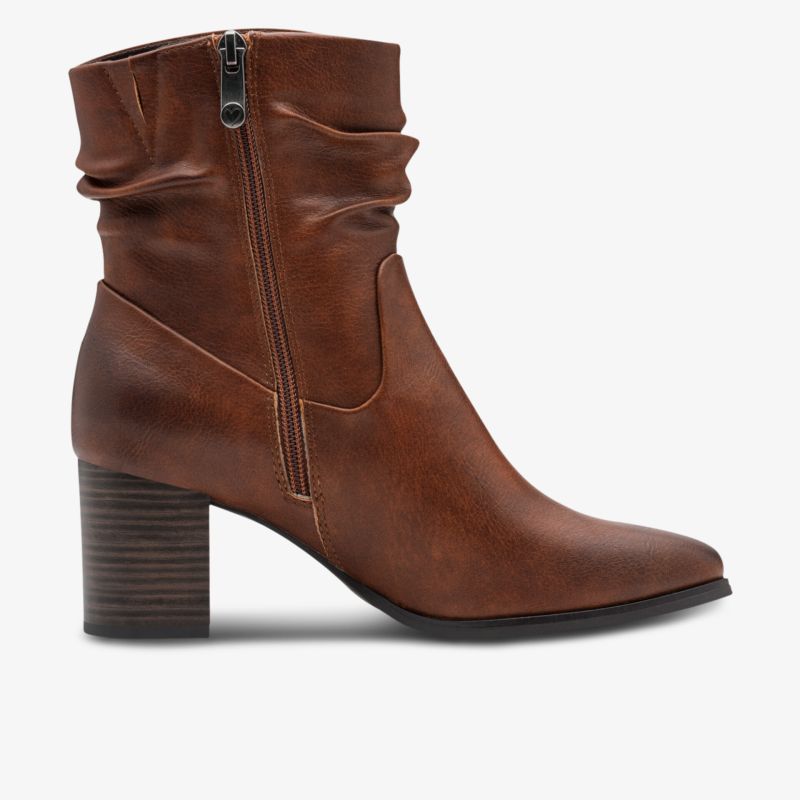 Brauner Stiefel mit mittelhohem Absatz und Reißverschluss, modisch und komfortabel, seitliche Ansicht