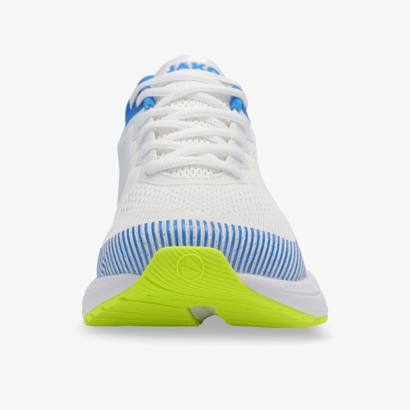 Leichter weißer Sportschuh mit blauen Akzenten und neongrüner rutschfester Sohle, Frontansicht
