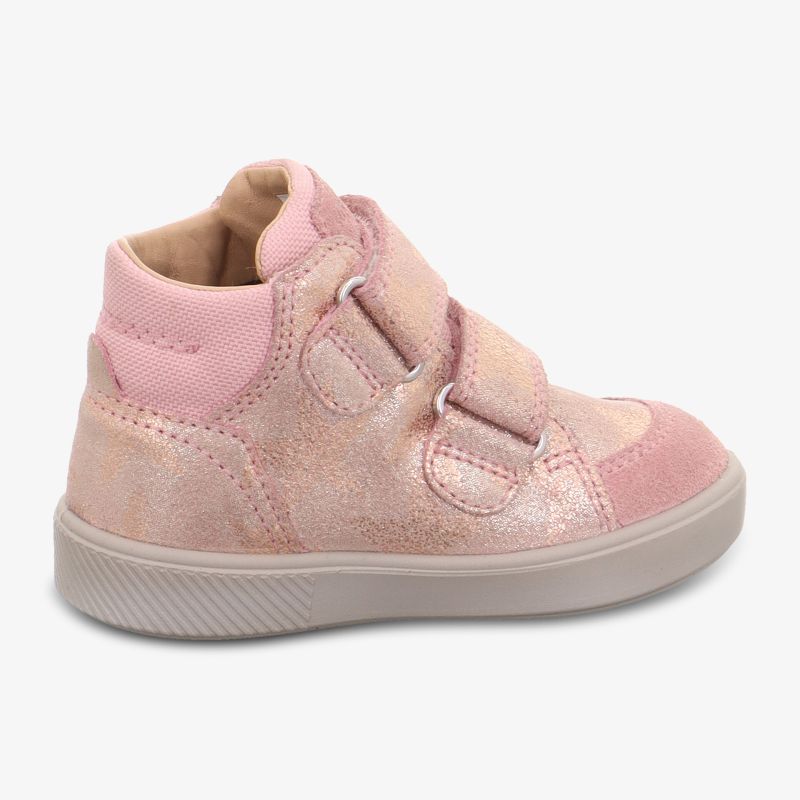 Stylische pinke Kinderschuhe mit praktischen Klettverschlüssen und robuster Sohle für optimalen Tragekomfort.
