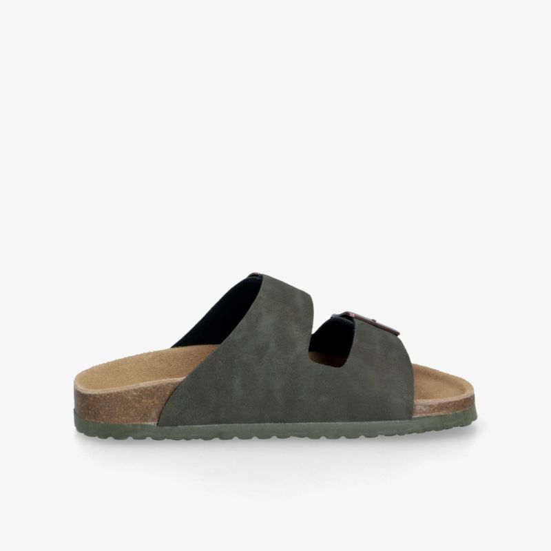 Bequeme, offene Sandale mit weichem Fußbett und rutschfester Sohle, seitliche Ansicht des robusten Designs