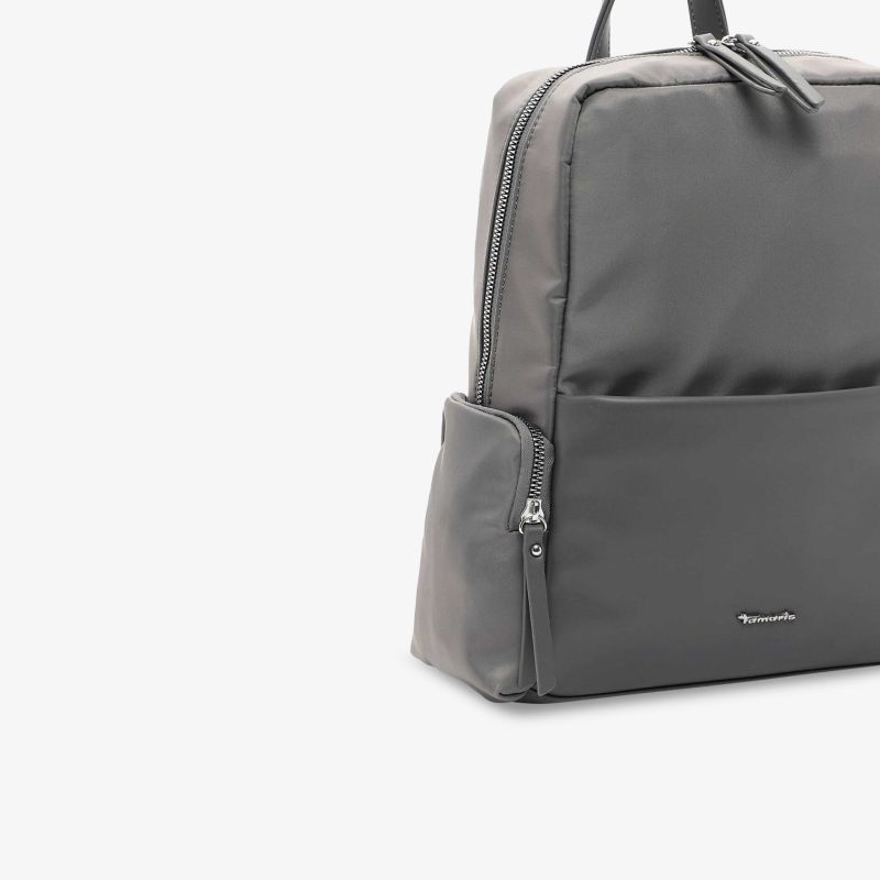 Eleganter grauer Rucksack mit Reißverschlusstaschen, ideal für Alltag und Reisen