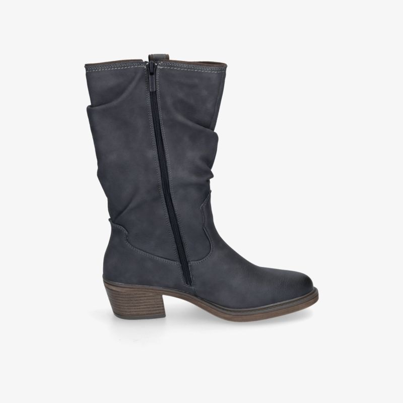 Eleganter Stiefel in dunkelblauer Lederoptik mit Reißverschluss und Blockabsatz, ideal für Komfort und Style.