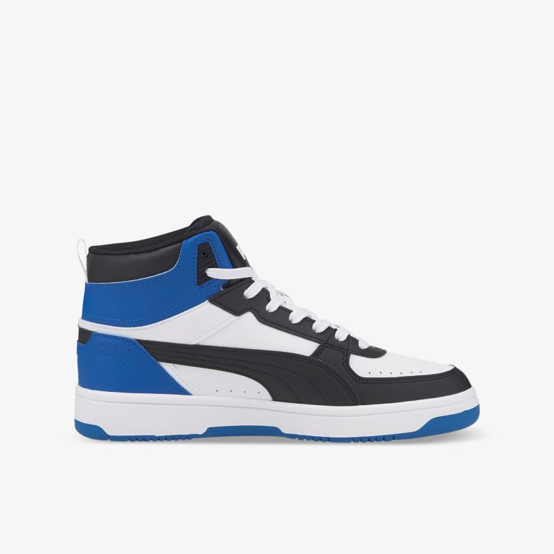 Moderner High-Top Sneaker in Blau, Weiß und Schwarz mit stylischem Design und sportlicher Silhouette.