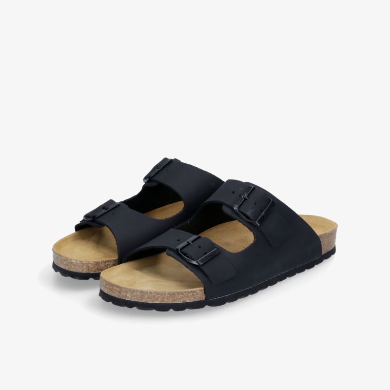 Bequeme schwarze Sandalen mit doppeltem Riemchen und ergonomischem Korkfußbett für optimalen Komfort.