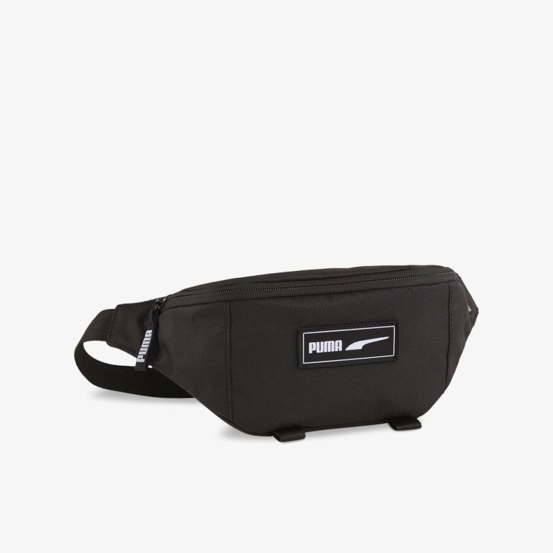 Schwarze kompakte Bauchtasche mit verstellbarem Gurt und stabilem Reißverschluss, ideal für sportliche Aktivitäten