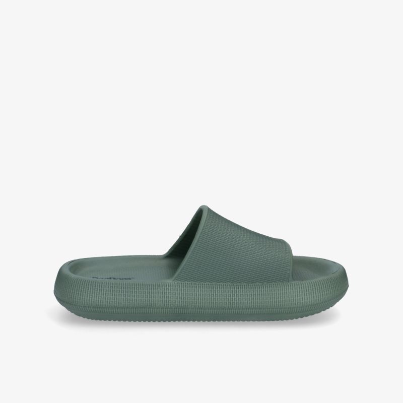Minimalistische, bequeme Pantolette in Grün mit rutschfester Sohle und stoßdämpfendem Fußbett.