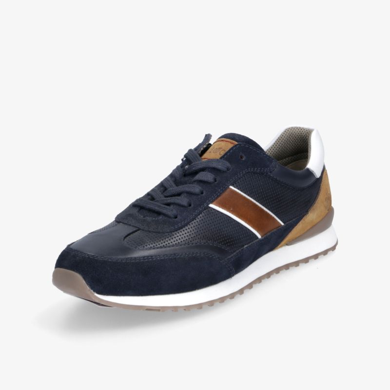 Sportlicher dunkelblauer Sneaker mit braunen Akzenten, bequeme Passform und rutschfeste Profilsohle, seitliche Ansicht