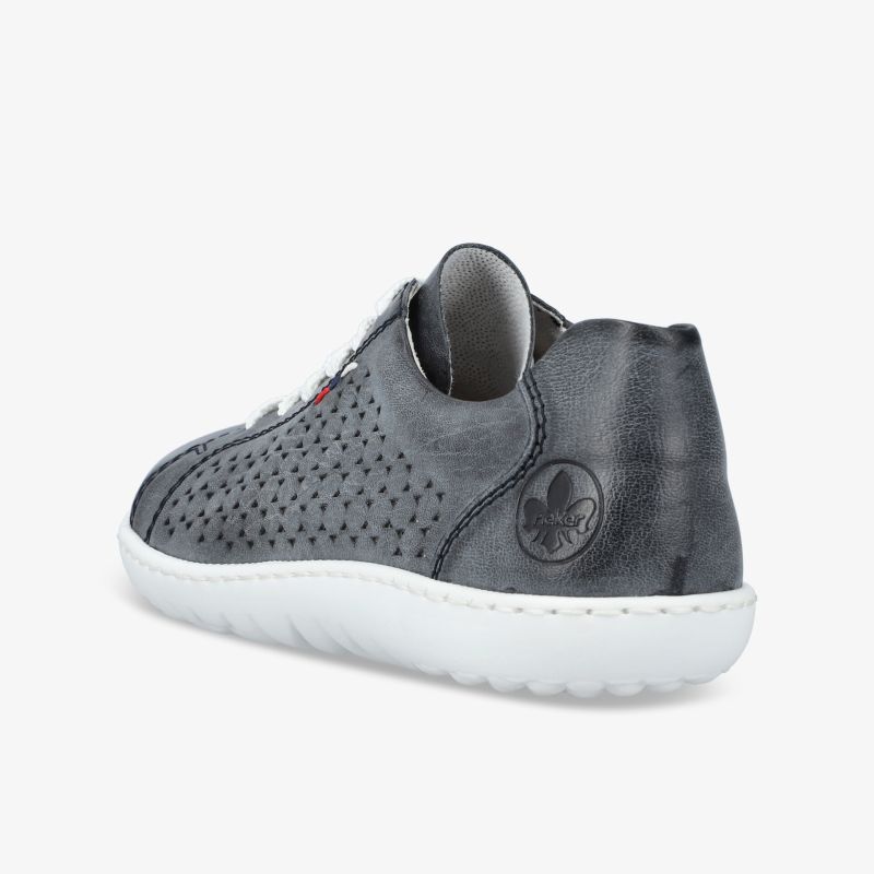 Moderner, atmungsaktiver und bequemer Schuh mit flexibler, weißer Sohle und sportlichem Design seitlich sichtbar