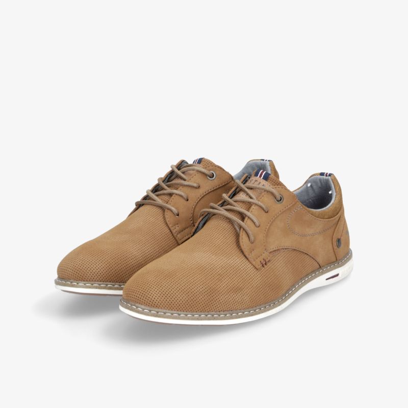 Braune Schuhe mit dekorativer Perforation und weißer Sohle, sportlich und bequem im modischen Design