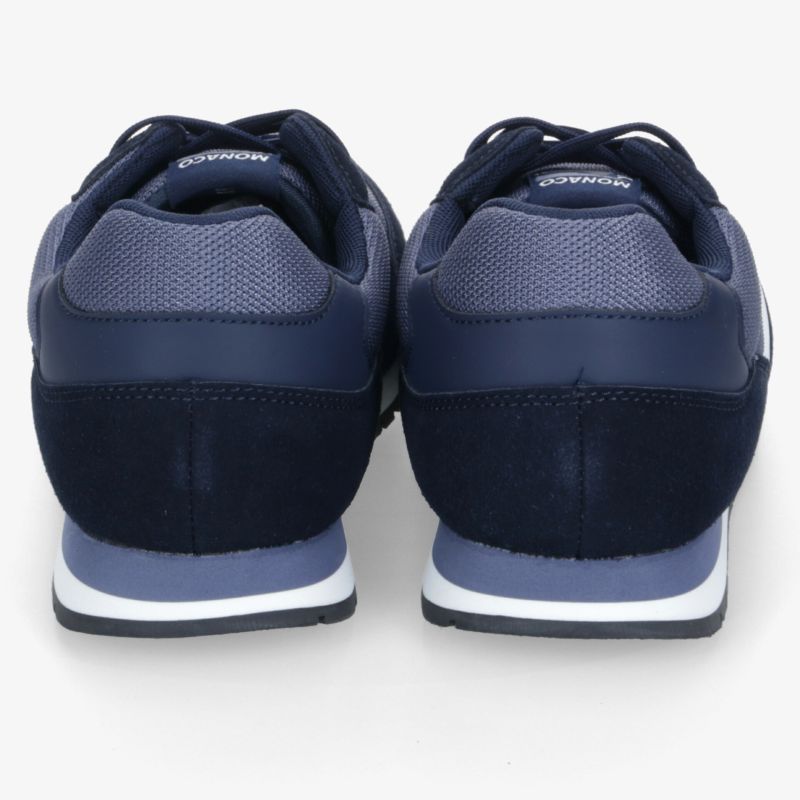 Rückansicht von robusten Sportschuhen in Blau und Schwarz mit stabiler Fersenkonstruktion und ergonomischer Sohle