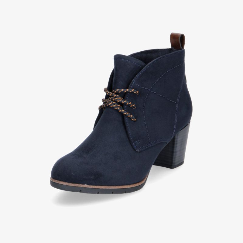 Elegante dunkelblaue Stiefelette mit stilvoller Schnürung und bequemem Blockabsatz.
