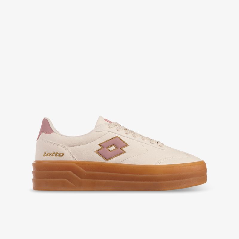 Beiger Sportschuh mit brauner robuster Sohle, bequem und strapazierfähig, seitliche Ansicht