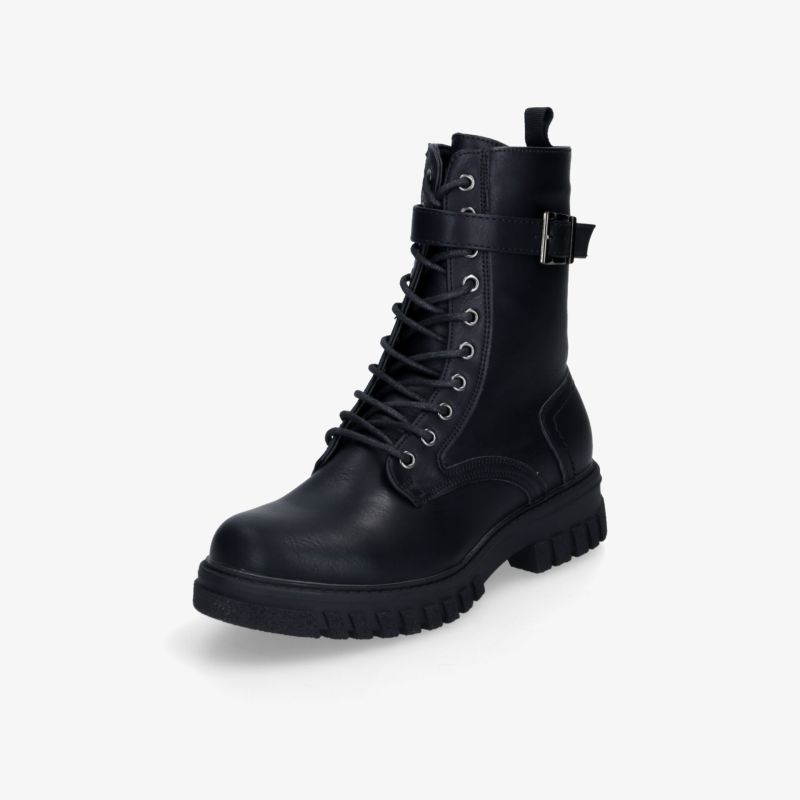Schwarzer robuster Kampfstiefel mit griffiger Profilsohle und schnürung, hoher Schaft mit seitlicher Schnalle