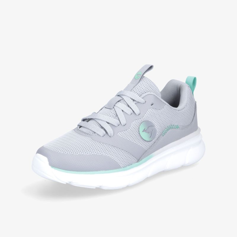 Grauer Sneaker mit weißer Sohle und türkisfarbenen Akzenten, ideal für sportliche Aktivitäten und Freizeit.