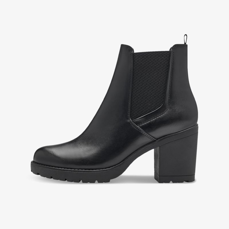 Elegante schwarze Chelsea-Boots mit hohem Absatz und elastischem Einsatz für stilvollen Komfort.
