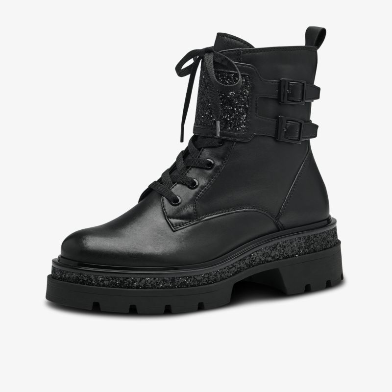 Modischer schwarzer Stiefel in Lederoptik mit Schnürung und Schnallen, robuste Sohle, ideal für vielseitige Outfits.