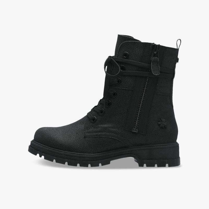 Robuster schwarzer Stiefel mit hohem Schaft, rutschfester Sohle, Schnürung und praktischem Reißverschluss seitlich