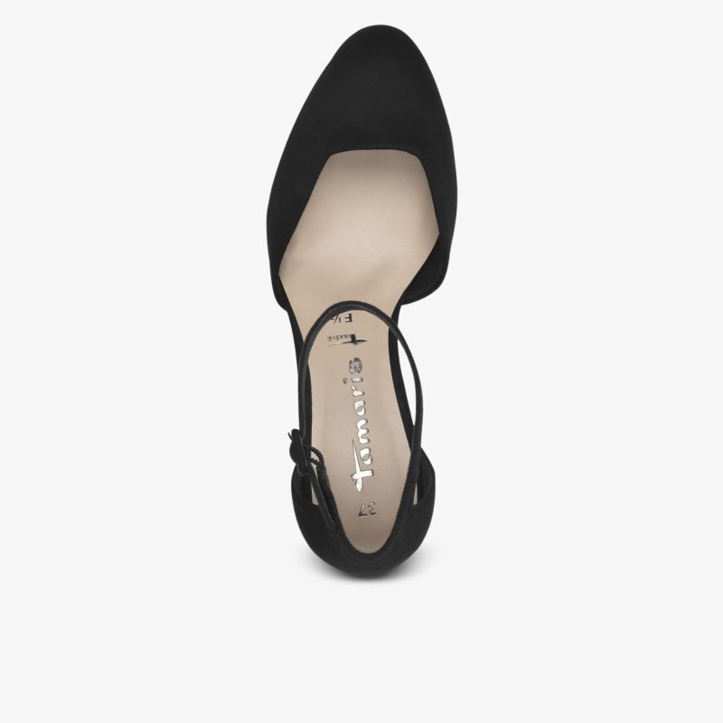Eleganter schwarzer Damenschuh mit spitz zulaufender Form und verstellbarem Riemen, komfortable Innensohle