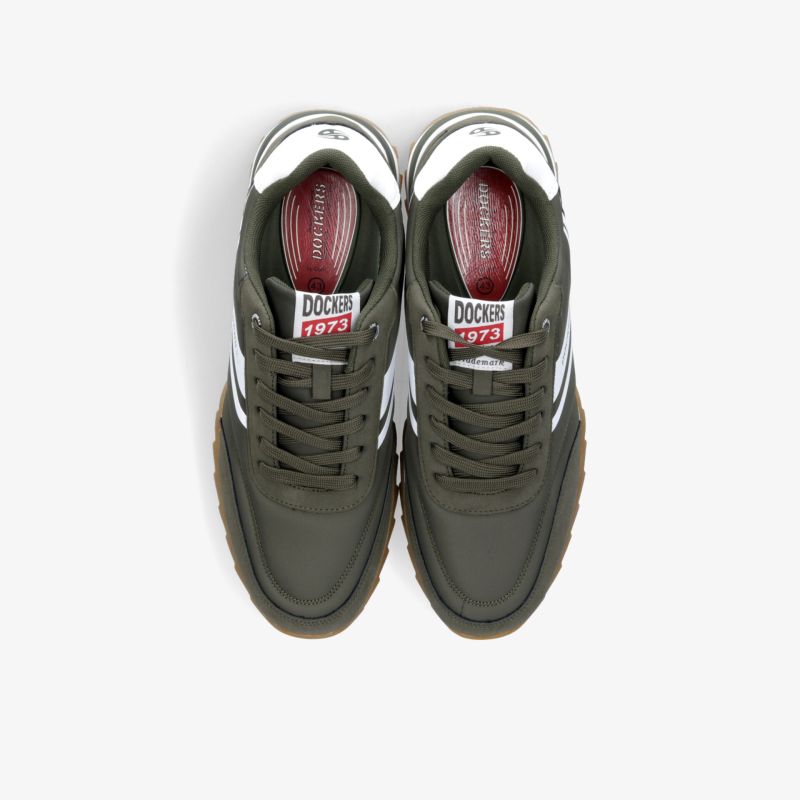Sportlicher olivgrüner Laufschuh mit robustem Material, komfortabler Polsterung und schnürverschluss, Paaransicht von oben