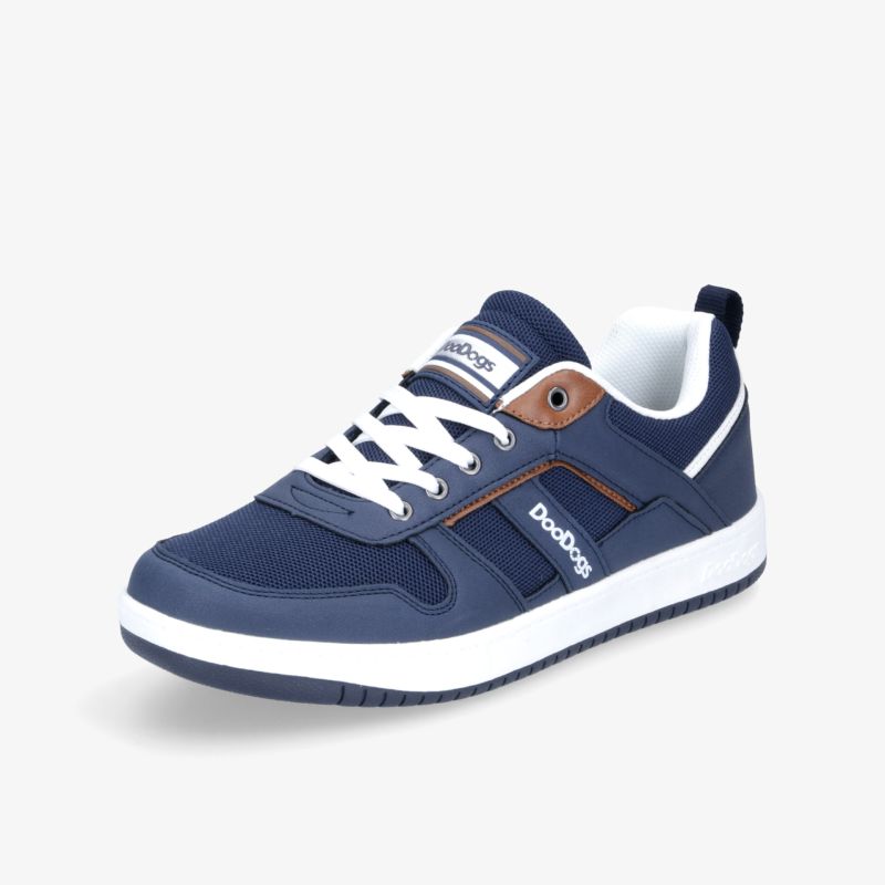Stylischer dunkelblauer Sneaker mit weißen und braunen Akzenten, ideal für Freizeit und Sport.