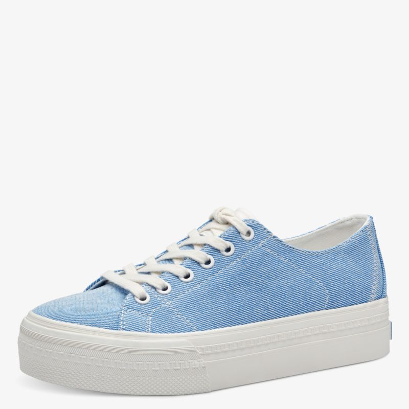 Blauer Sneaker aus Cord mit weißer Plateausohle und Schnürung bietet hohen Tragekomfort und modischen Look