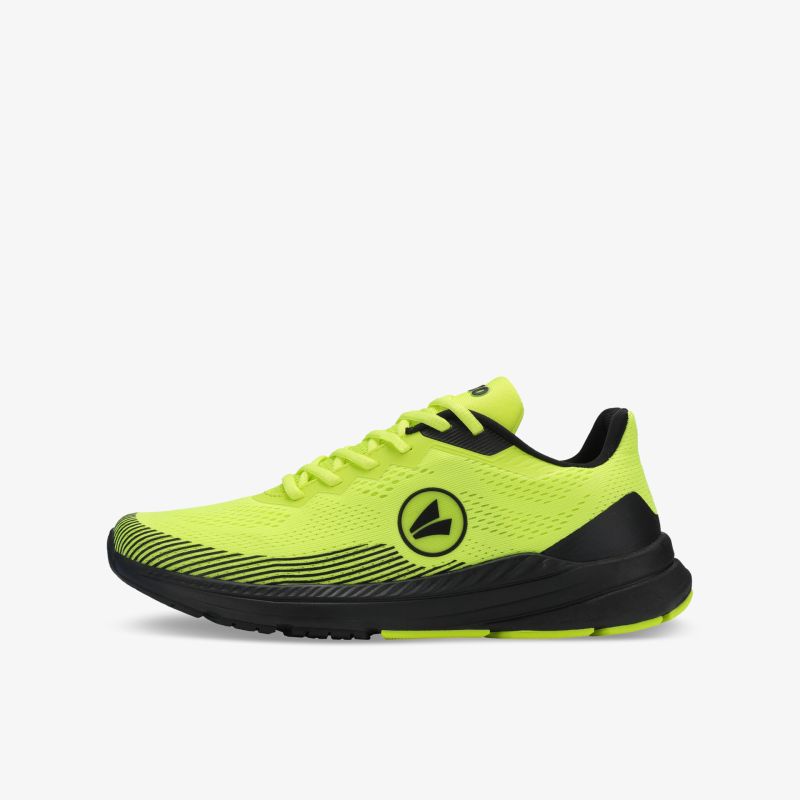 Leichter, atmungsaktiver Laufschuh in Neon mit dämpfender, rutschfester Sohle und sportlichem Design seitlich