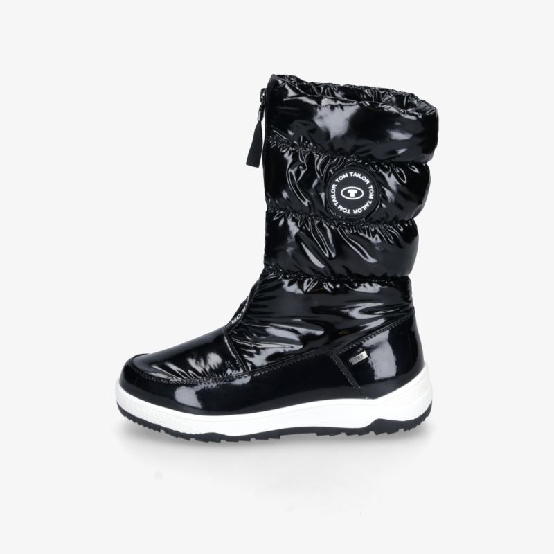 Schwarzer glänzender Winterstiefel mit warmem Innenfutter und rutschfester weißer Sohle, seitliche Ansicht