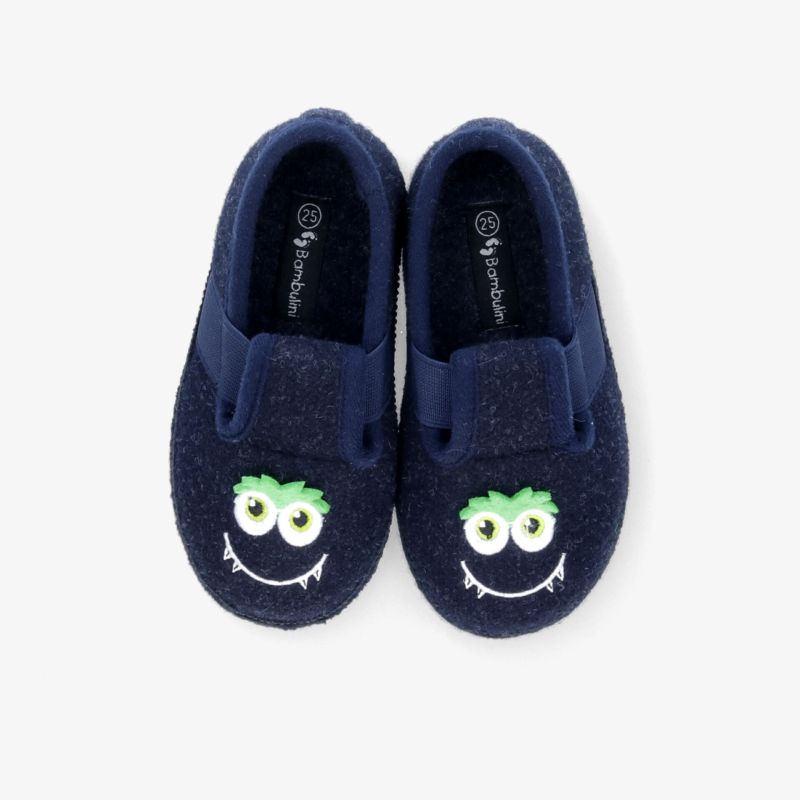 Bequeme und warme Hausschuhe mit lustigem Gesichtsmotiv, navy blau, weich und rutschfest für den Innenbereich