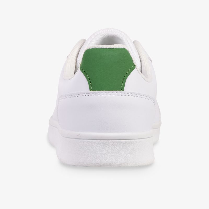 Weißer Schuh mit grünem gepolstertem Fersenbereich und gedämpfter Sohle für höchsten Tragekomfort